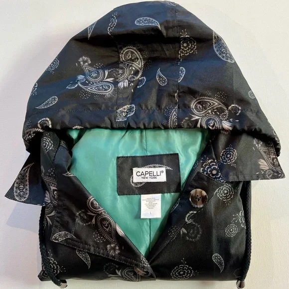 Capelli of New York Black Paisley Rain Coat Belt Hood Large - Picture 12 of 12